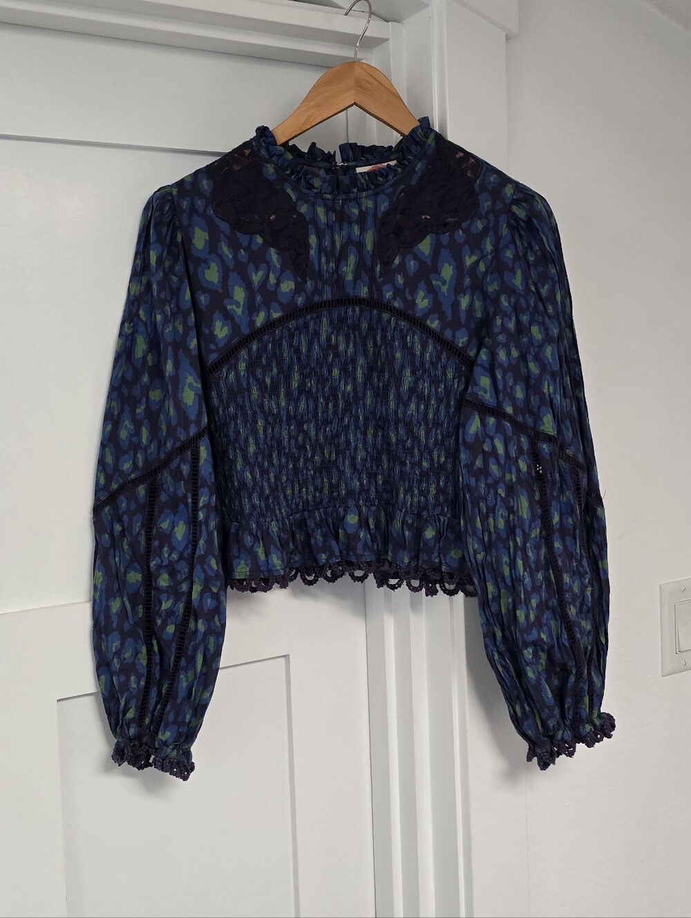 FARM Rio Blue and Green Smocked Peplum Blouse - Picture 5 of 15